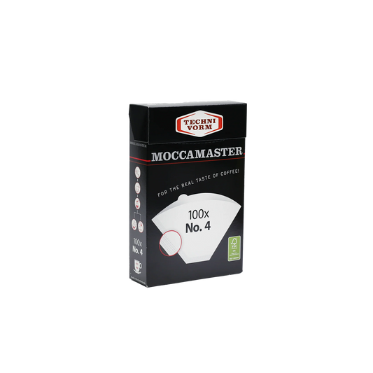 A box of Moccamaster coffee filters, number 4, in a black packaging with white and red text.
